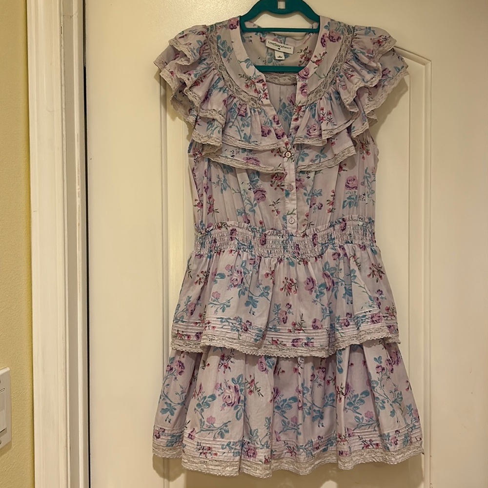 LoveShackFancy Floral Ruffle Mini Dress - Pink and Blue